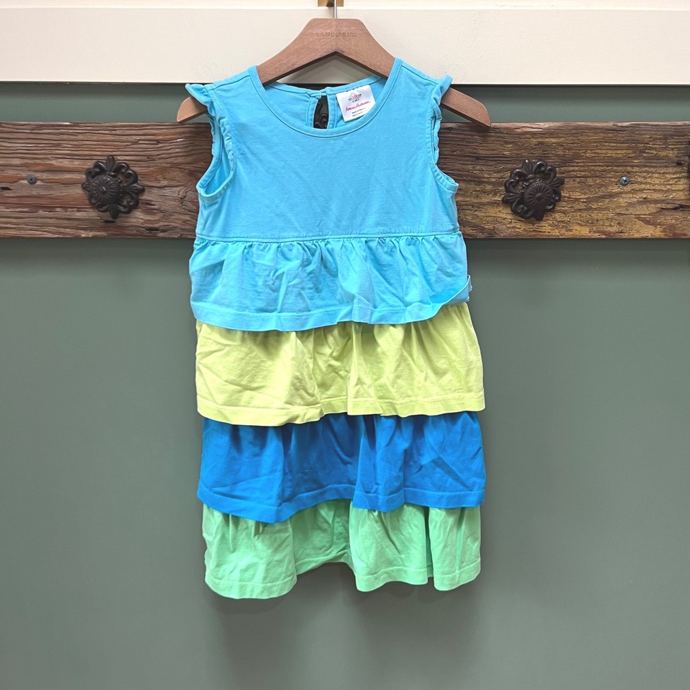 Hanna Andersson Girls Blue Green Tiered Ruffle Dress Size 120 US 6-7 Cotton